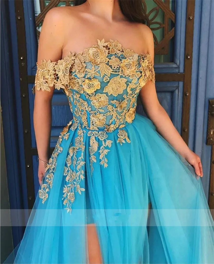 

Off the Shoulder Golden Lace Applique Blue Evening Dress Front Slit Elegant Long Prom Formal Party Gowns Arabic Dubai