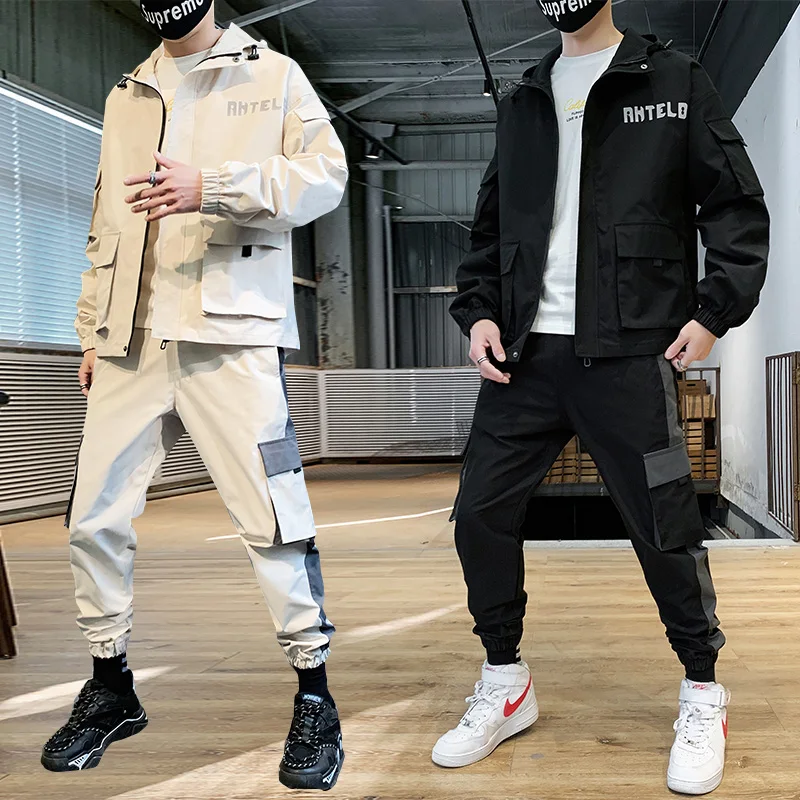 

Hip Hop Military Men Tracksuit Pockets Zipper Fitness Casual Men Jacket Long Sleeve Fashion Mens Sportswear Suits Streetwear