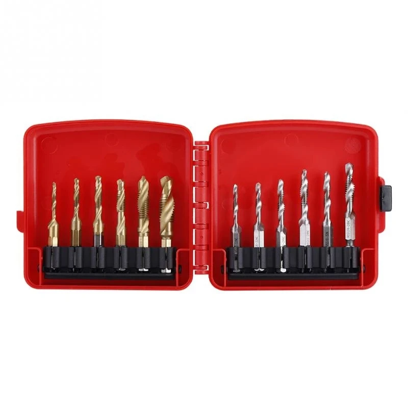 

12PCS M3-M10 Hex Shank Titanium Plated HSS Screw Thread Metric & Inch Tap Drill Bits Set+Box High Speed Steel M3 M4 M5 M6 M8 M10