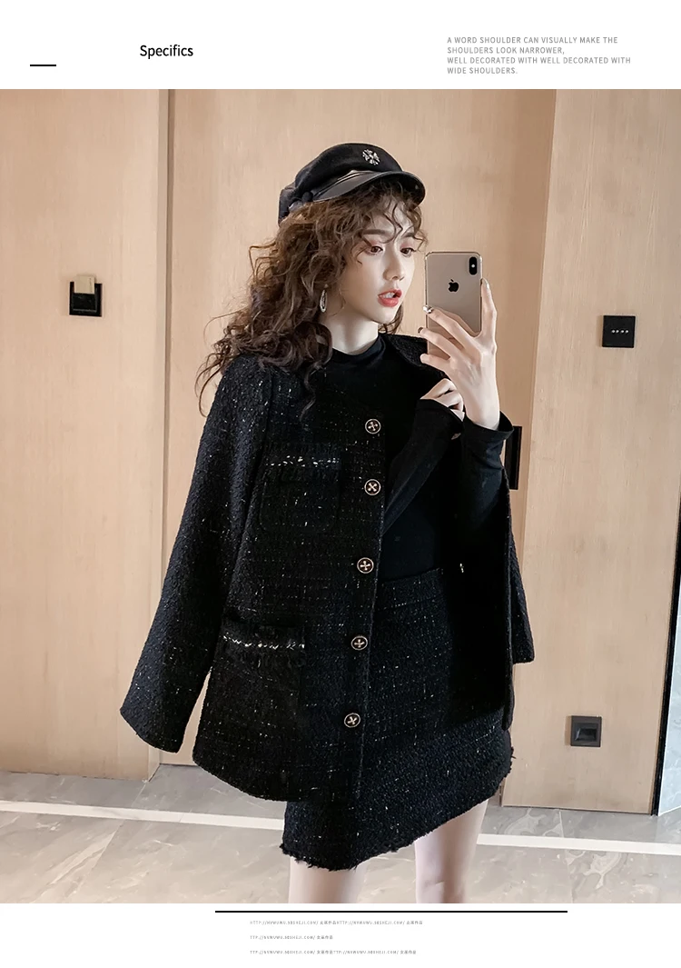 Black Tweed Blazer Skirt Two Piece Sets Autumn Winter New Ladies Tweed Jacket+ Skirt Coat Women Suits Clothes Wholesale