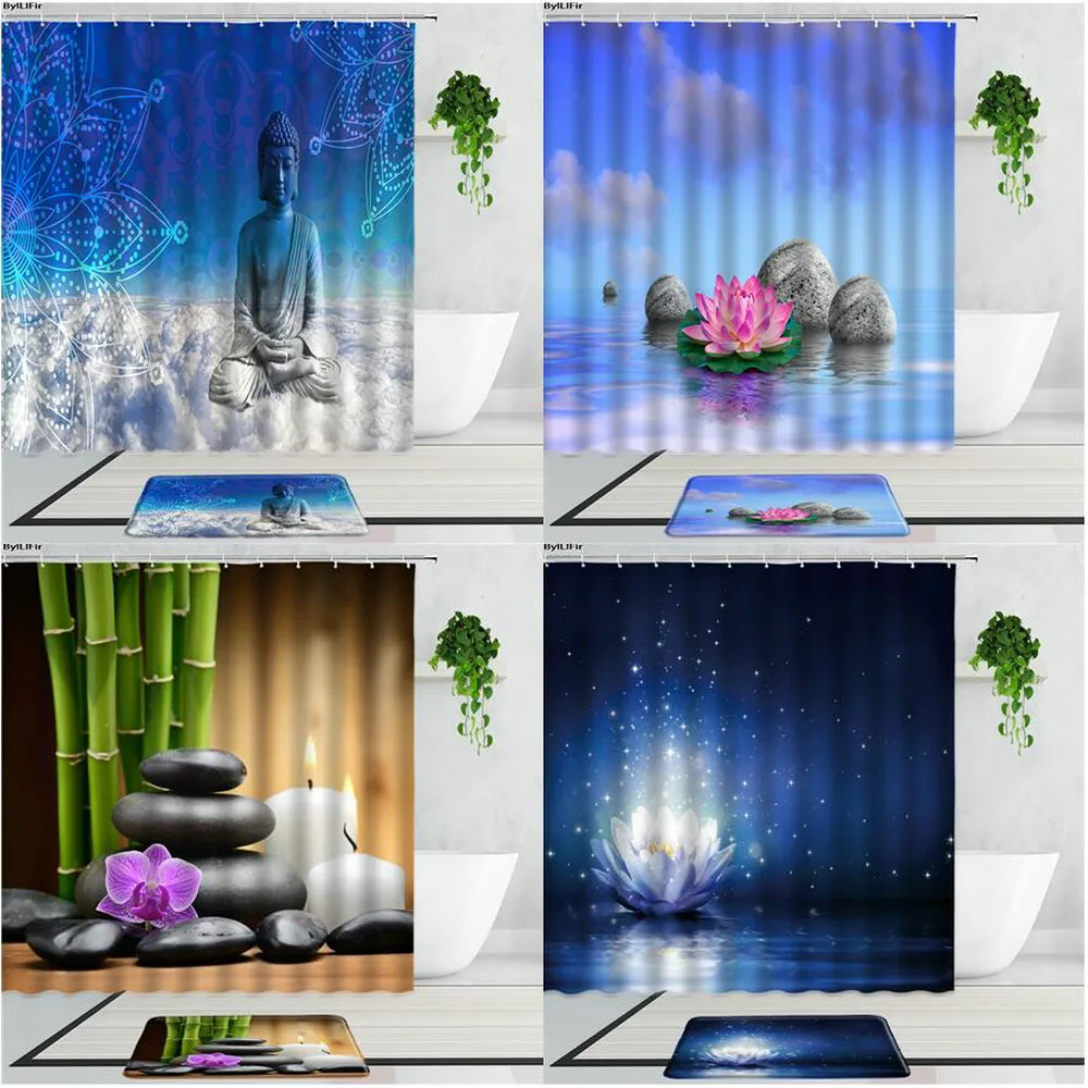 

Buddha Zen Lotus Shower Curtains Green Bamboo Round Stone Meditation Mood Home Decor Background Bathroom Curtain Set Bath Mats