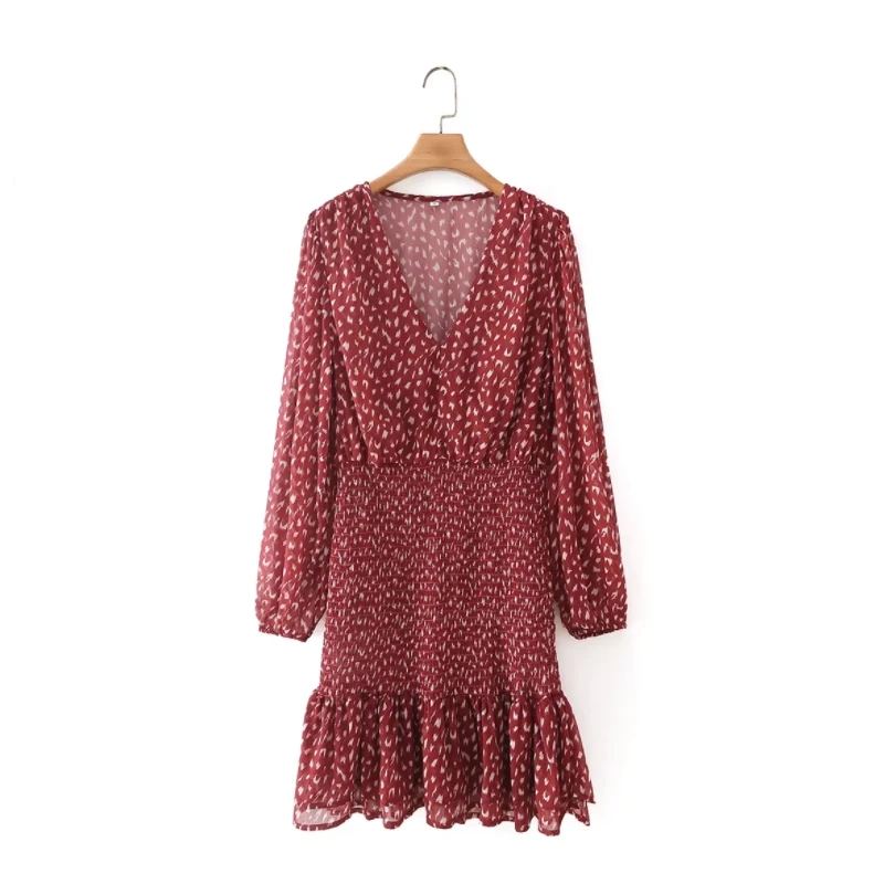 

Women Vintage Printing Chiffon Ruffled Hem Slim Mini Dress Female Long Sleeve Clothes Casual Lady Vestido D8805