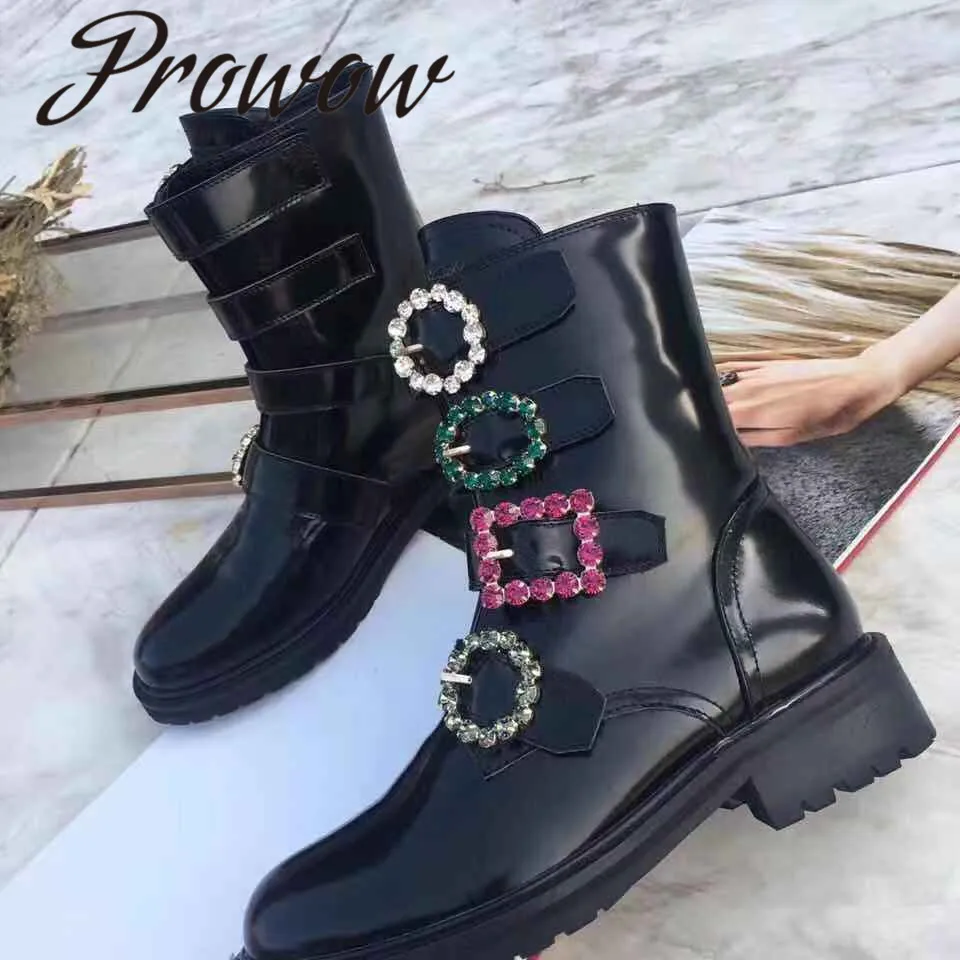 

Prowow Winter Genuine Leather Crystal Jewel Buckle Ankle Boots Round Toe Brand Thick Heel Low Heel Women Boots Zapaos Mujer