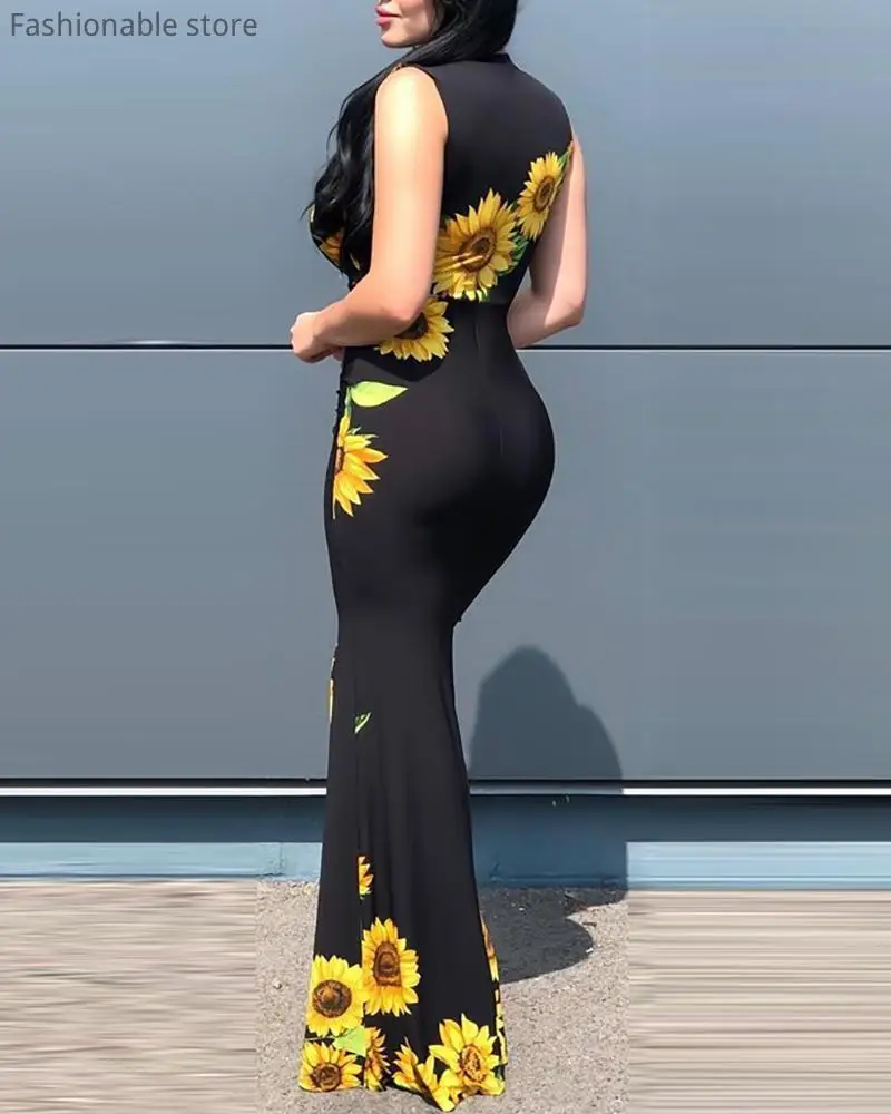 Women's Sleeveless Plunge Bodycon Mermaid Dress - Sexy Sunflower Print, High Waist, Deep V Slit Maxi Dress image 2