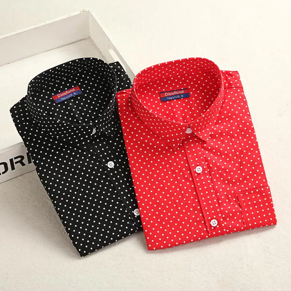 Женская хлопковая блузка в горошек Dioufond черная белая красная с длинным рукавом