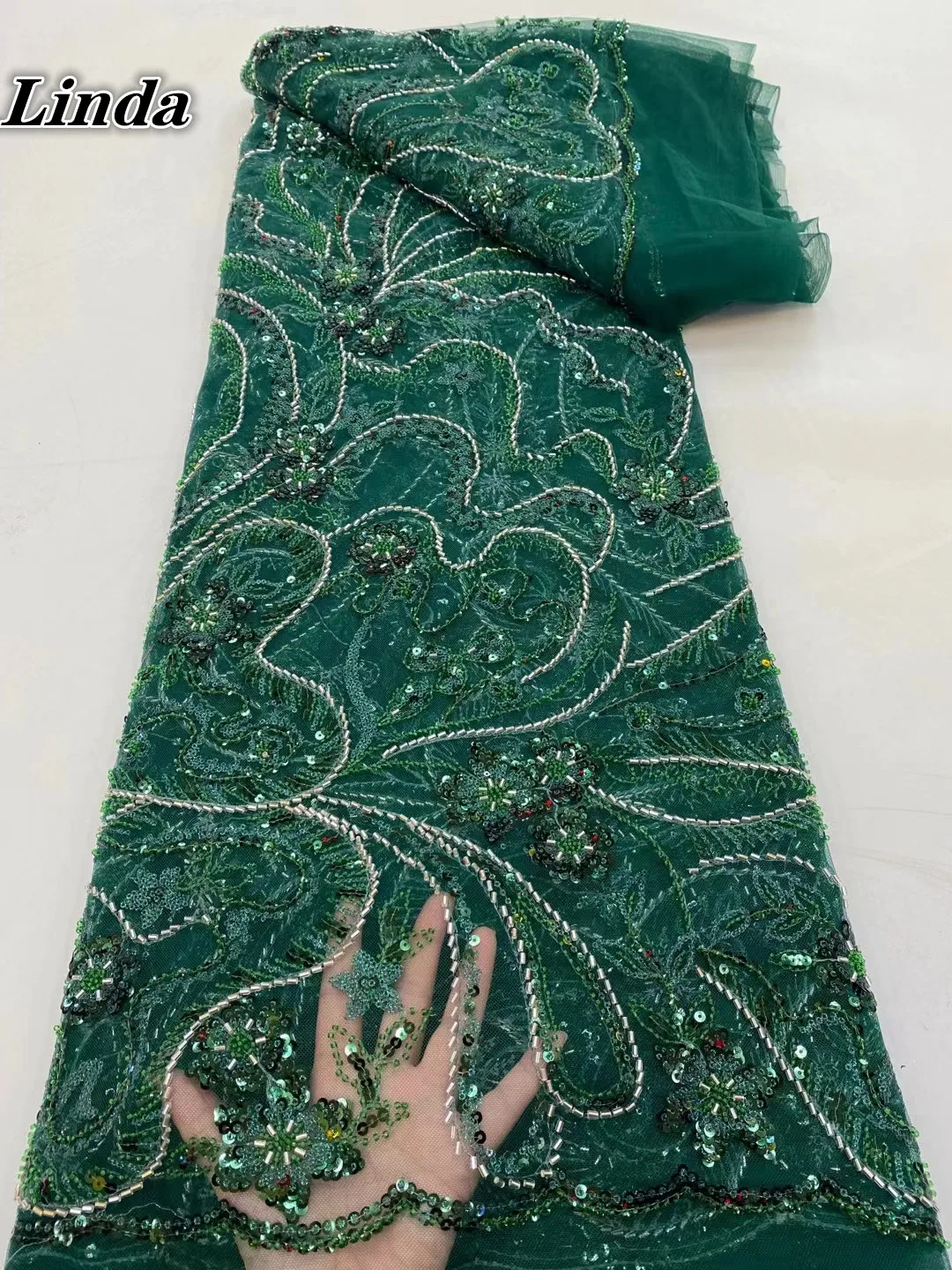 

Linda 2022 Latest African Mesh Lace Fabric With Sequins Beads Soft Nigerian French Tulle Lace Fabric 5Yards Wedding Material