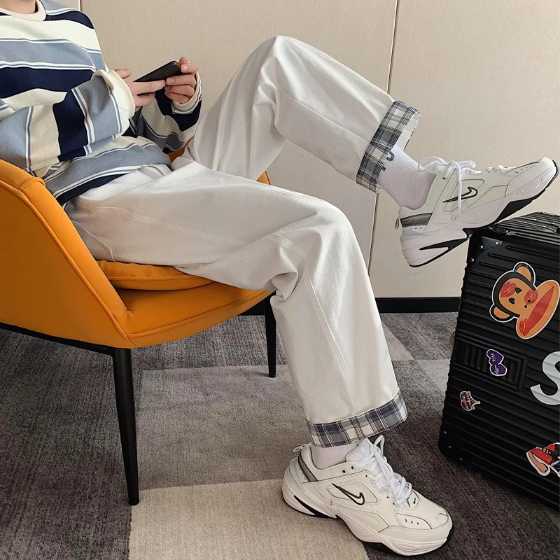 

2021 New Summer Japanese White Boys Plaid Cuff Pants Loose Straight Tube Casual High Street Cargo Pants Men Streetwear Youth