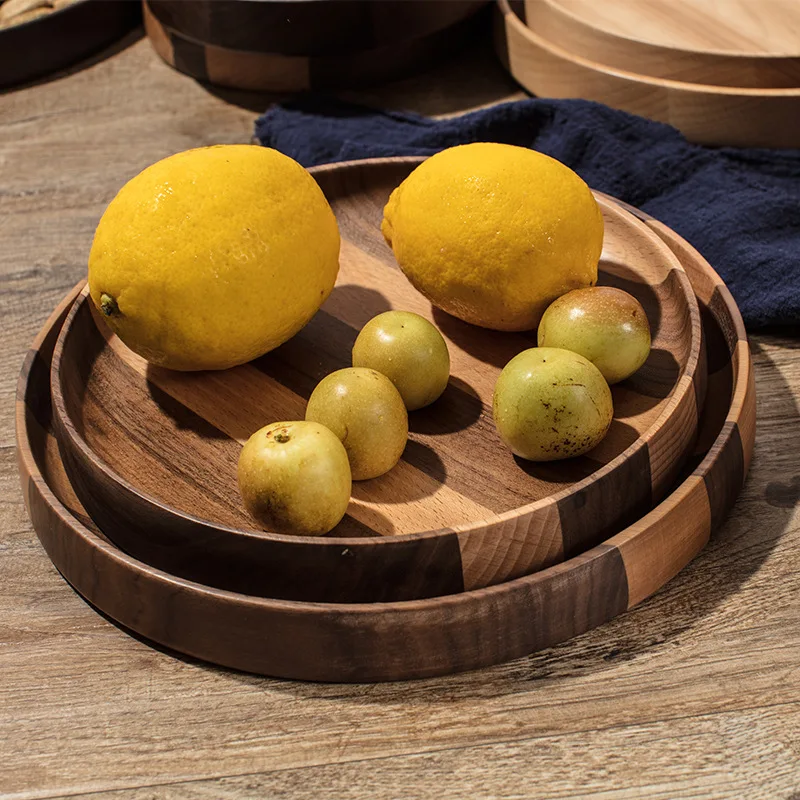 1pc Home Round Wooden Serving Platter,Wood Dinner Plate Easy Cleaning Dessert Serving Tray,Natural Tableware dining for Snack