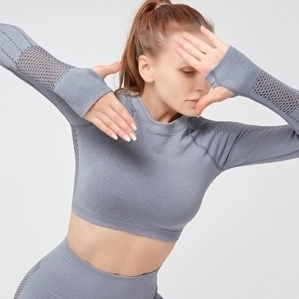 

Seamless Long Sleeve Women Shirts Workout Gym Crop Tops for Female Breathable Thumb Sleeve Sport T-Shirt Running Activewear
