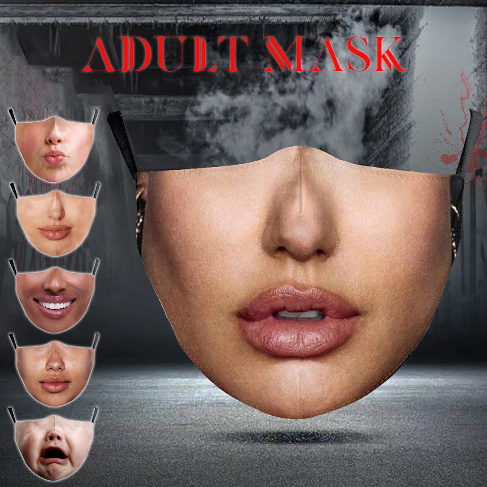 

Funny Women Facial Expression Mouth Masks Men Unisex Halloween Party Cospaly Face-Protection Cycling Spots Breathable Adult Mask