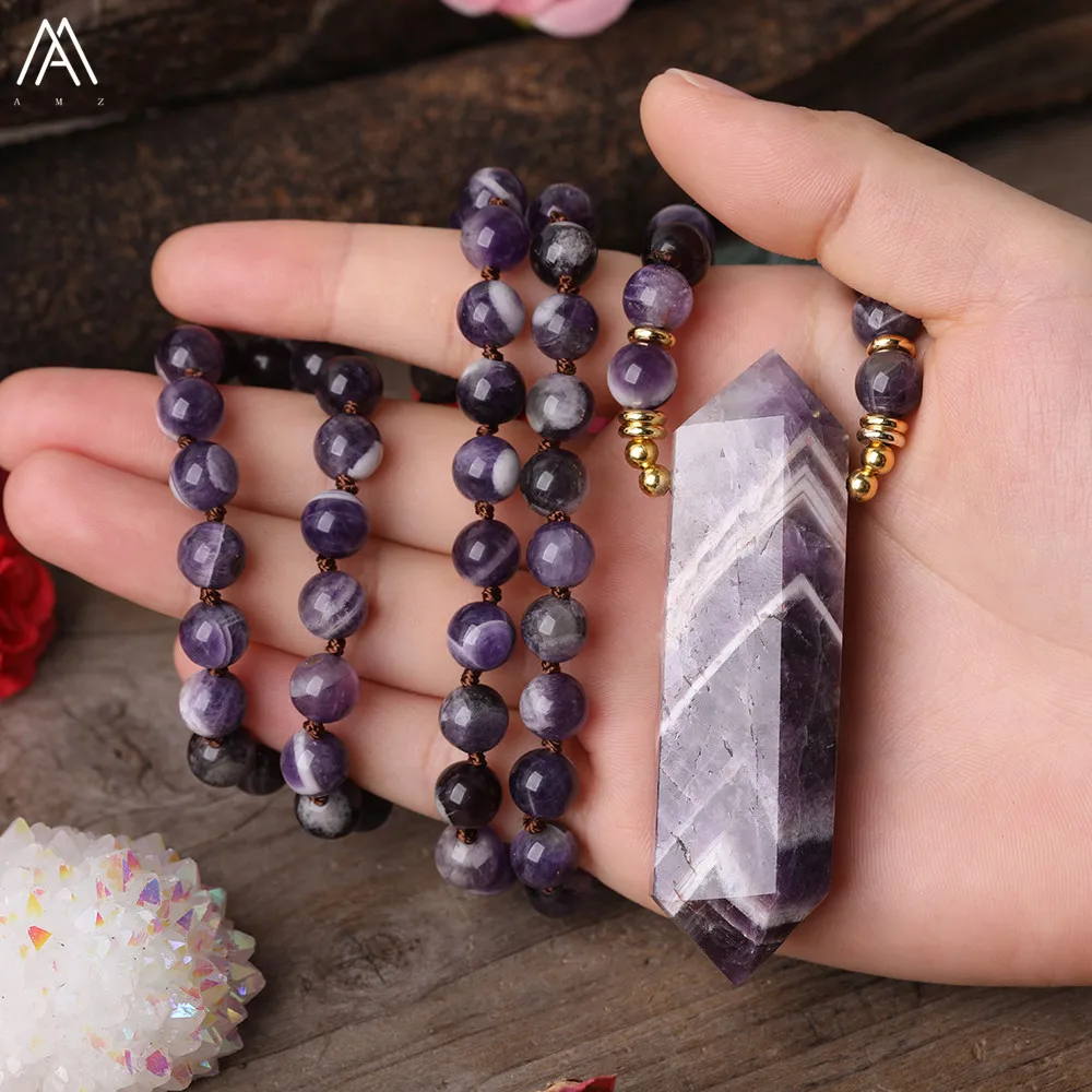 

Natural Dream Amethysts Quartz Double Point Pendant 8mm Round Amethysts Quartz Crystal Beads Knot Handmade Necklace For Women