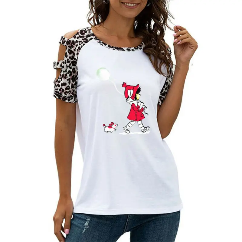 

Short Sleeve Hollow Out t Shirt Women Fashion Tops Print Crew Neck T-Shirt Female Casual Loose Top Holiday Women Clothing