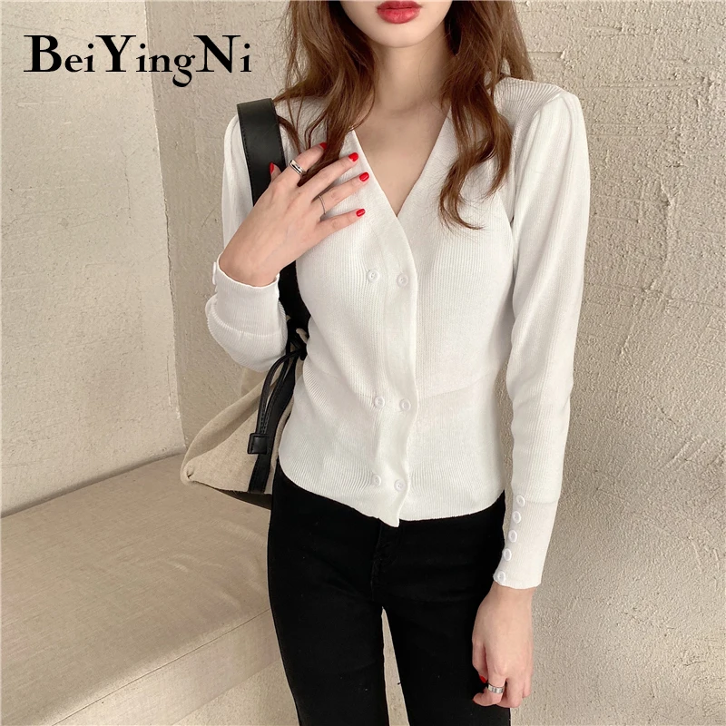 

Beiyingni V-neck Long Sleeve Knitted Sweater Woman Casual Button Vintage Cardigan Sweaters Female Slim Chic Black Tops Cardigan