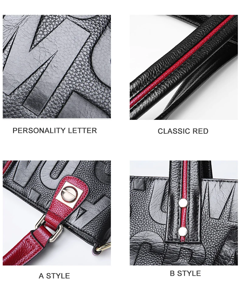 Wmnuo Brand Bag Women's Tote Genuine Leather Handbag For Women Cow Personality Letter Embossing Ladies Shoulder Bag Two Style