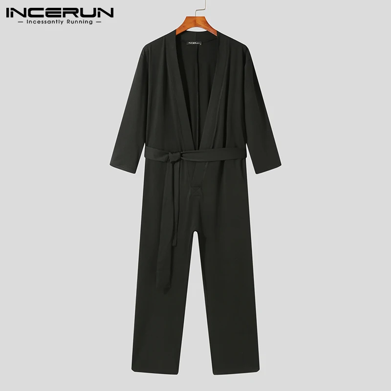 INCERUN Comfortable Homewear New Men Sexy Leisure V-neck Jumpsuits Male Solid Color All-match Simple Sleeve Bodysuits S-5XL 2023