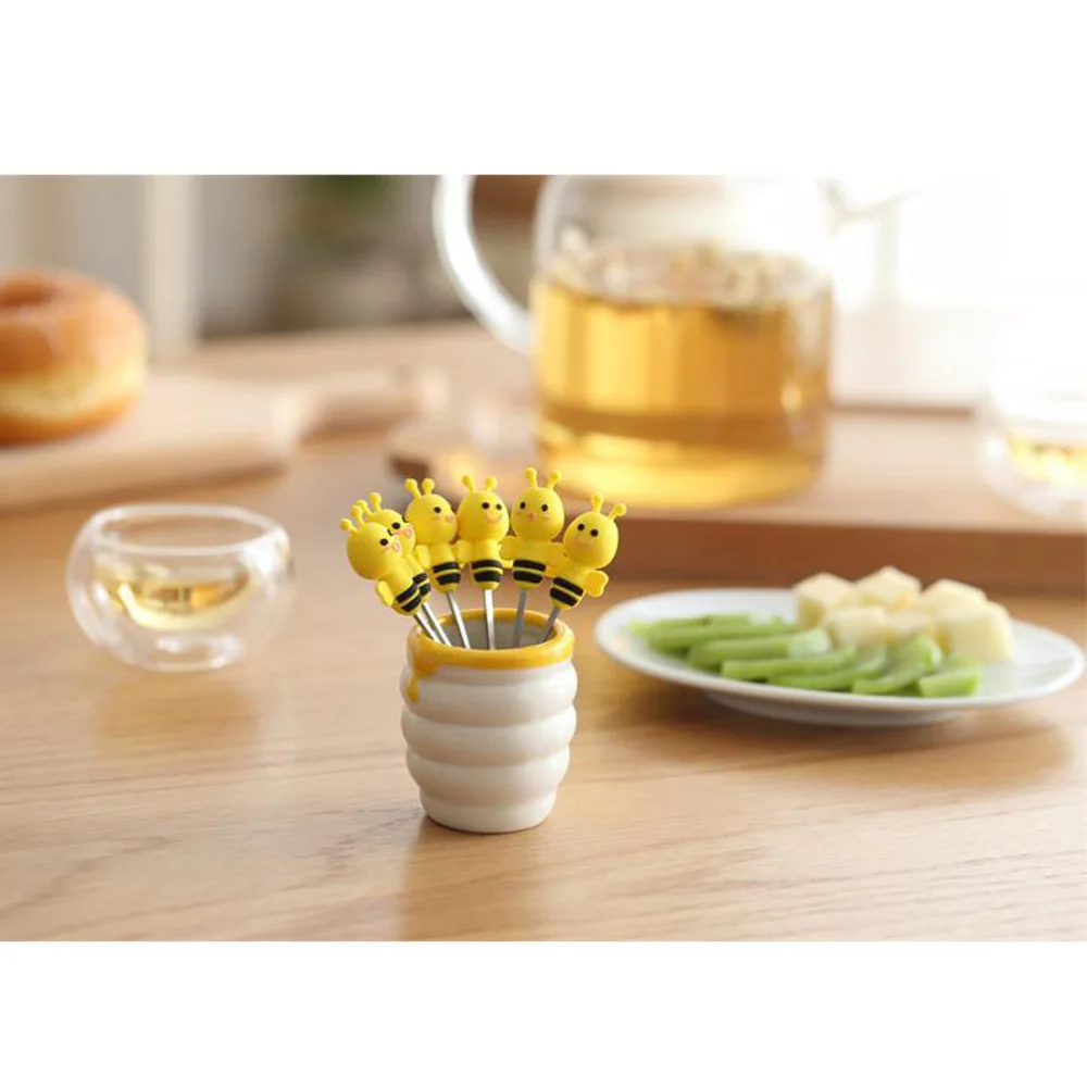 

7 Pcs Silicone Bee Fruit Forks Set Stainless Steel Dessert Picks Forks with Ceramic Holder for Party and Daily Use