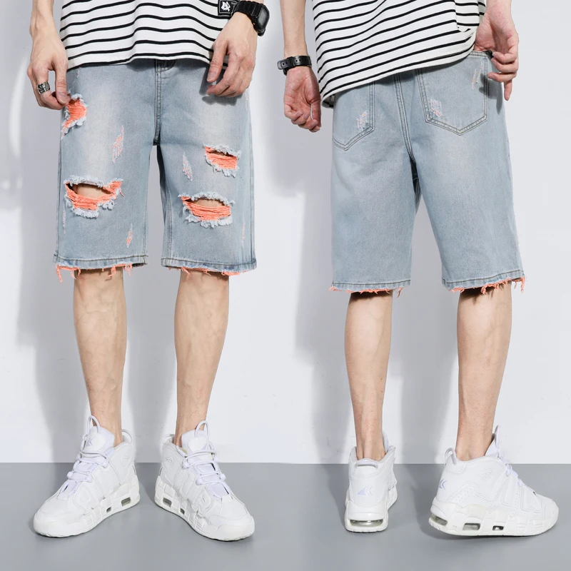 Мужские рваные джинсовые шорты свободные тонкие в Корейском стиле одежда для