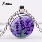 Красивое ожерелье с цветами лаванды, фиолетовые цветочные узоры, стекло, круглый подвесной амулет, женские ожерелья