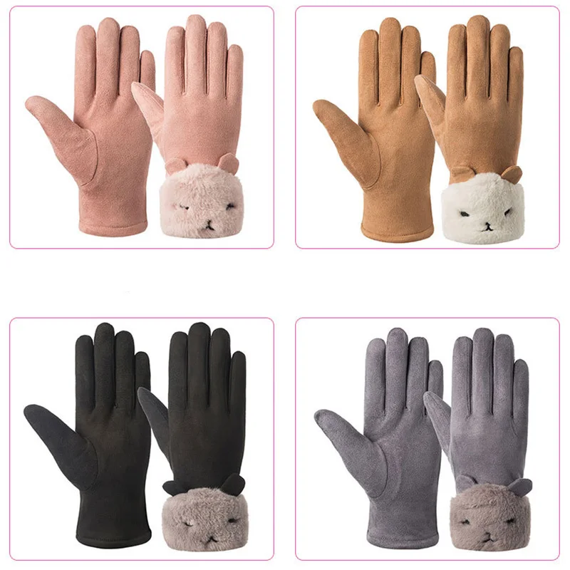 

Winter New Style Suede Women Gloves Black Warm Student Cute Korean Sweet Touch Screen Ski Velvet Gloves