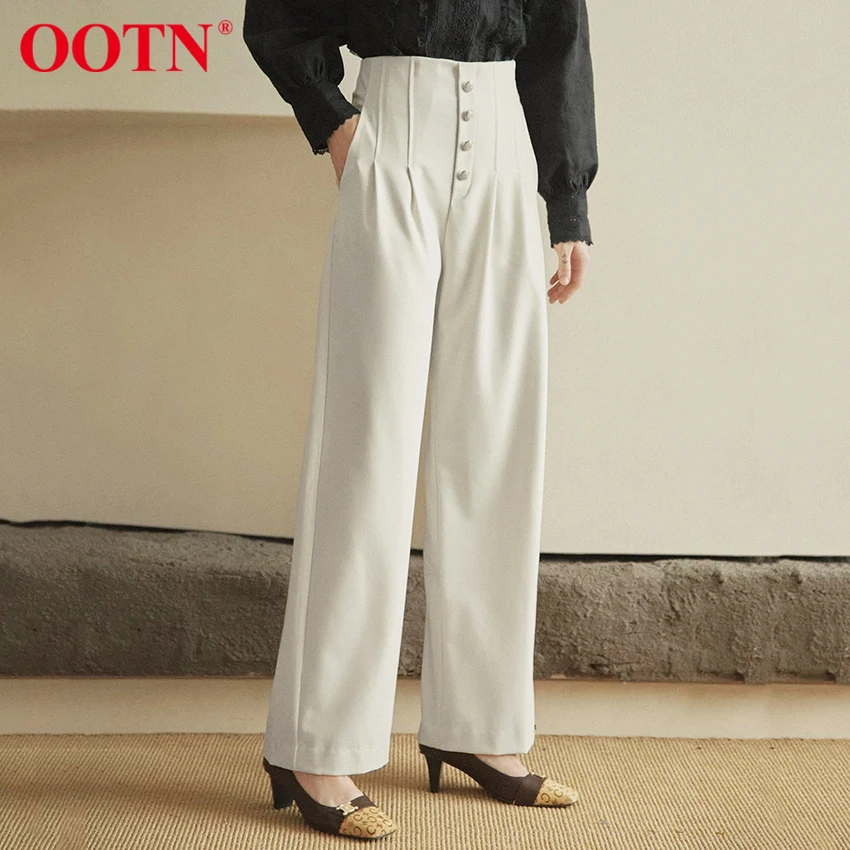 

OOTN Beige Autumn Straight Office Pants High Waist Pleated Single Breasted Elegant Trousers Female Casual Career Baggy Pants