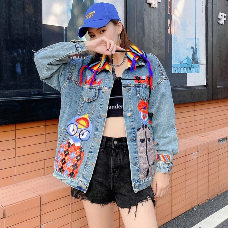 

Hole Denim Jacket Women Cartoon Patch Sequins Fashion Brand Female Clothing Loose Long-Sleeved Coat Tops 2022 Spring Autumn