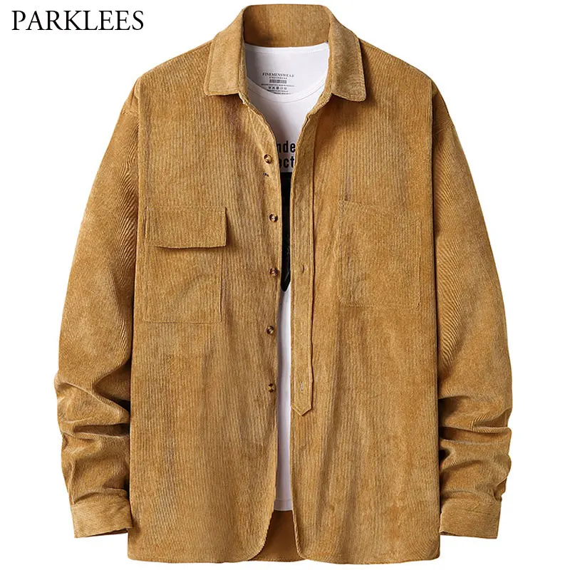 

Corduroy Shirt Jacket Men Style Solid Mens Shirts Chemise Homme with Pocket Casual Button Down Korean Streetwear Men Clothing