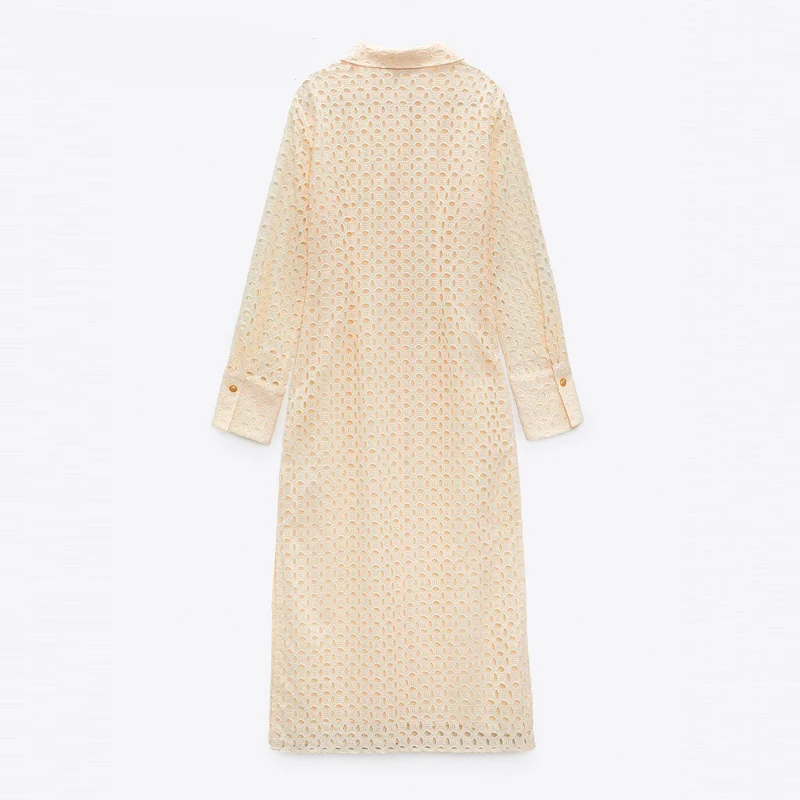 

2021 Ms Summer New Apricot Sexy Bodycon Embroidery Midi Long Sleeve Single Breasted Hollow Out Shirt Dresses Vestido