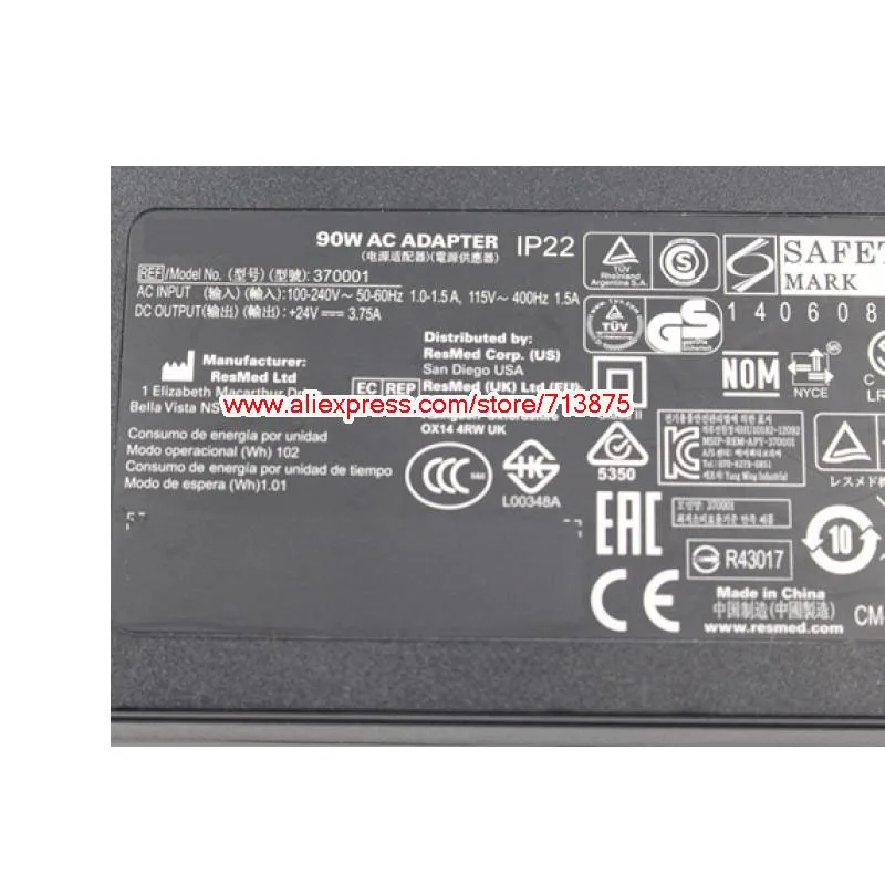Подлинный 24V 3.75A 90W IP22 адаптер переменного тока для ResMed Air Sense S10 370001 370002 37015 DA90A24