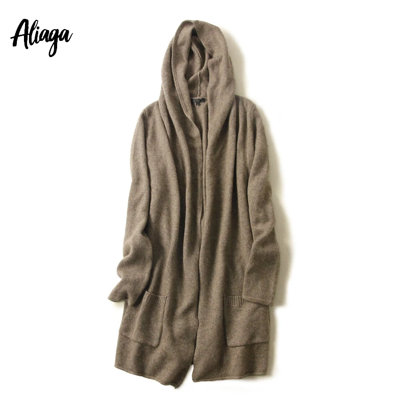 Aliaga New Arrival Pure Cashmere Cardigan Women Autumn Winter Hooded Sweater Coat With Pocket