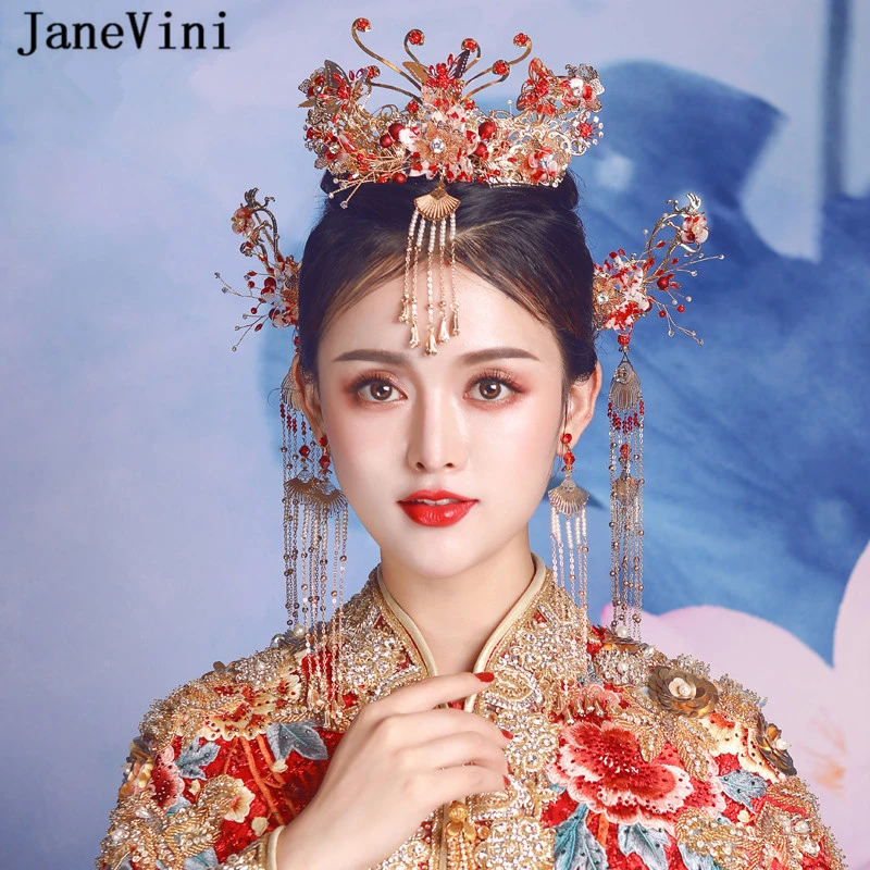 

JaneVini Retro Chinese Beaded Bridal Headwear Long Tassel Hair Ornament Luxury Red Butterfly Hairpin Wedding Jewelry Accessories