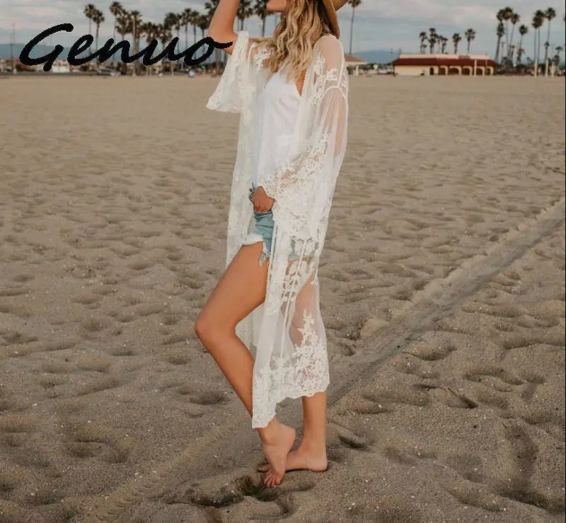 

Genuo New Bohemian Solid Kimono Coat Women Beach Loose Boho Lace Transparent Long Kimono Coats Female 2019 Summer Autumn New
