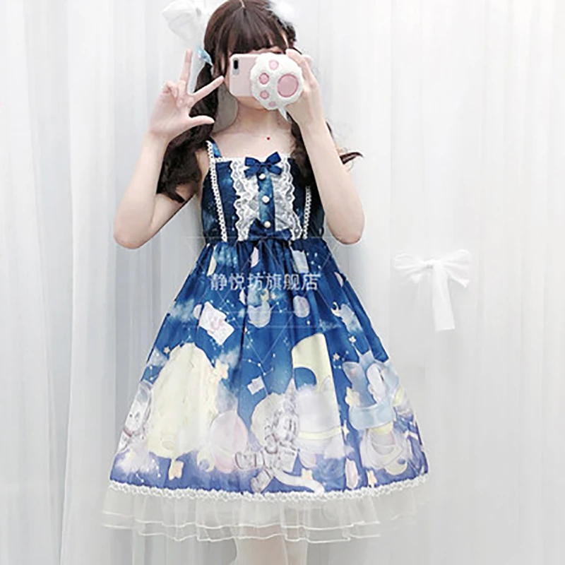 

Japanese Sweet Kawaii Jsk Lolita Dress Women Cute Blue Printing Bowknot Vintage Victorian Women Clothes Princess Party Dress Gif