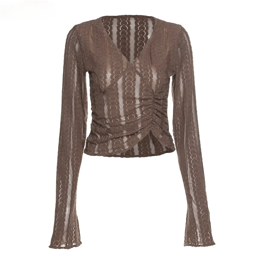 

T-shirt col roule a manches longues pour femme haut a la mode Camiseta transparente de malla para mujer ropa de manga larga con