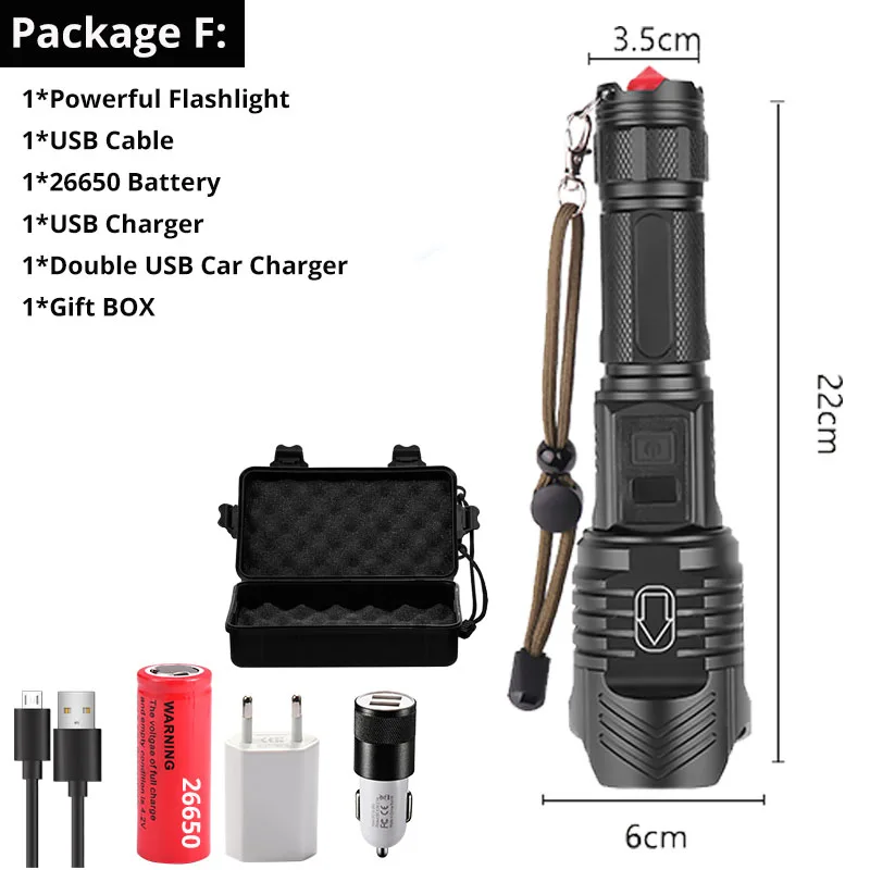 Package F XHP90 светодиодный светильник-вспышка мощный xhp70.2 САМЫЙ МОЩНЫЙ СВЕТИЛЬНИК-вспышка 26650 usb фонарь xhp70 xhp50 фонарь 18650 охотничий Фонарь ручной светильник - Испускаемый цвет: Package F