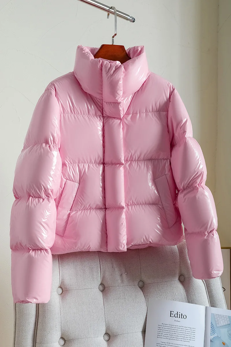 

Fashionable white goose down down down jacket full down 253g loose short bright face down jacket for women