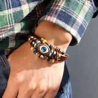 tibet stone feather multilayer leather bracelet eye fish charms beads bracelets for men vintage punk wrap wristband