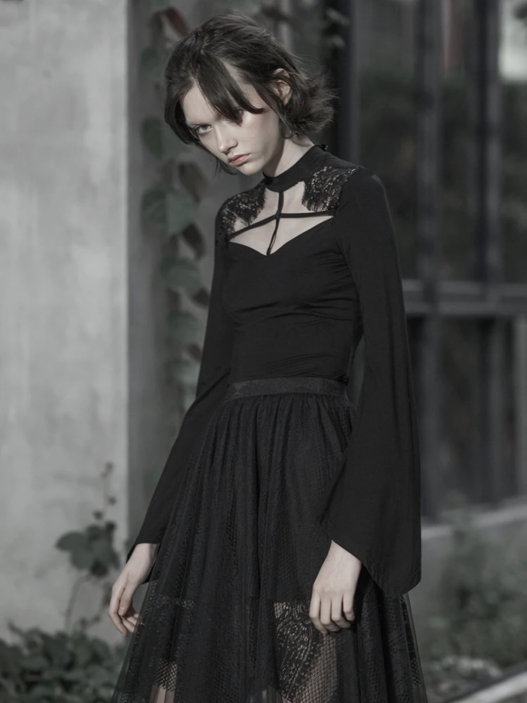 Панк рейв Готический тонкий рубашка Женская кружевная панель вырез сексуальная