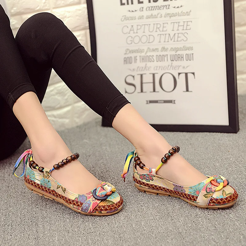 

Plus Size Flat Shoes Woman Beaded Strap Women Colorful Back Lace up Fashion Ladies Floral Cotton Fabric Women's Footwear