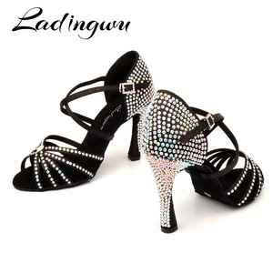 Женские туфли на каблуке и с цветными вставками Ladingwu, мягкие атласные туфли и стразы для латиноамериканских танцев, сальсы