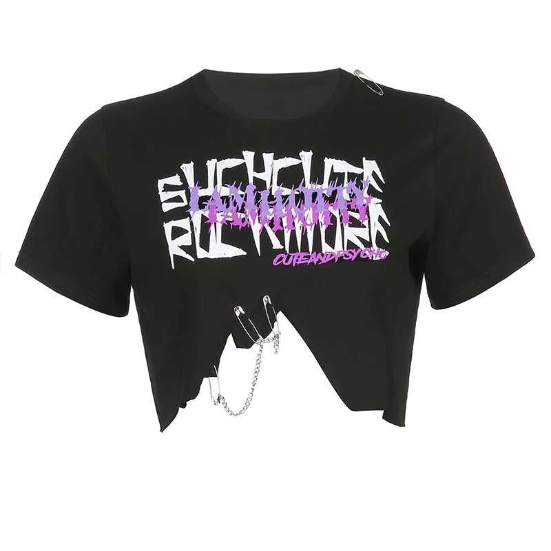 

Rockmore Gothic Print Crop Top y2k Short Sleeve Asymmetry T Shirt Women'S Tops Crewneck T-Shirt Harajuku Tee Summer Vintage 90s