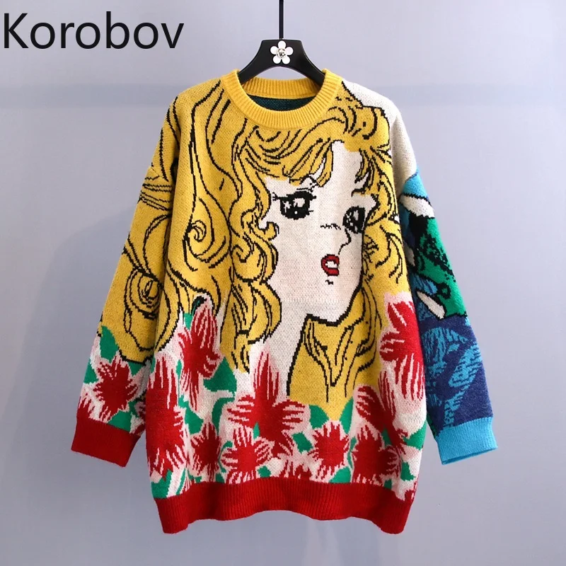 

Korobov 2020 Autumn Winter New Women Cartoon Sweaters Korean Hit Color Sueter Mujer Vintage O Neck Long Sleeve Jumper Femme