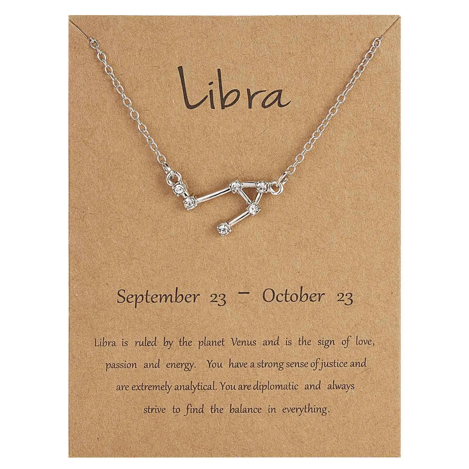 silver Libra Rinhoo 12 Constellation Necklace Zodiac Sign necklace with Card Pendant Necklace charm Message Card Birthday Gift for Women Girl - Окраска металла: silver Libra