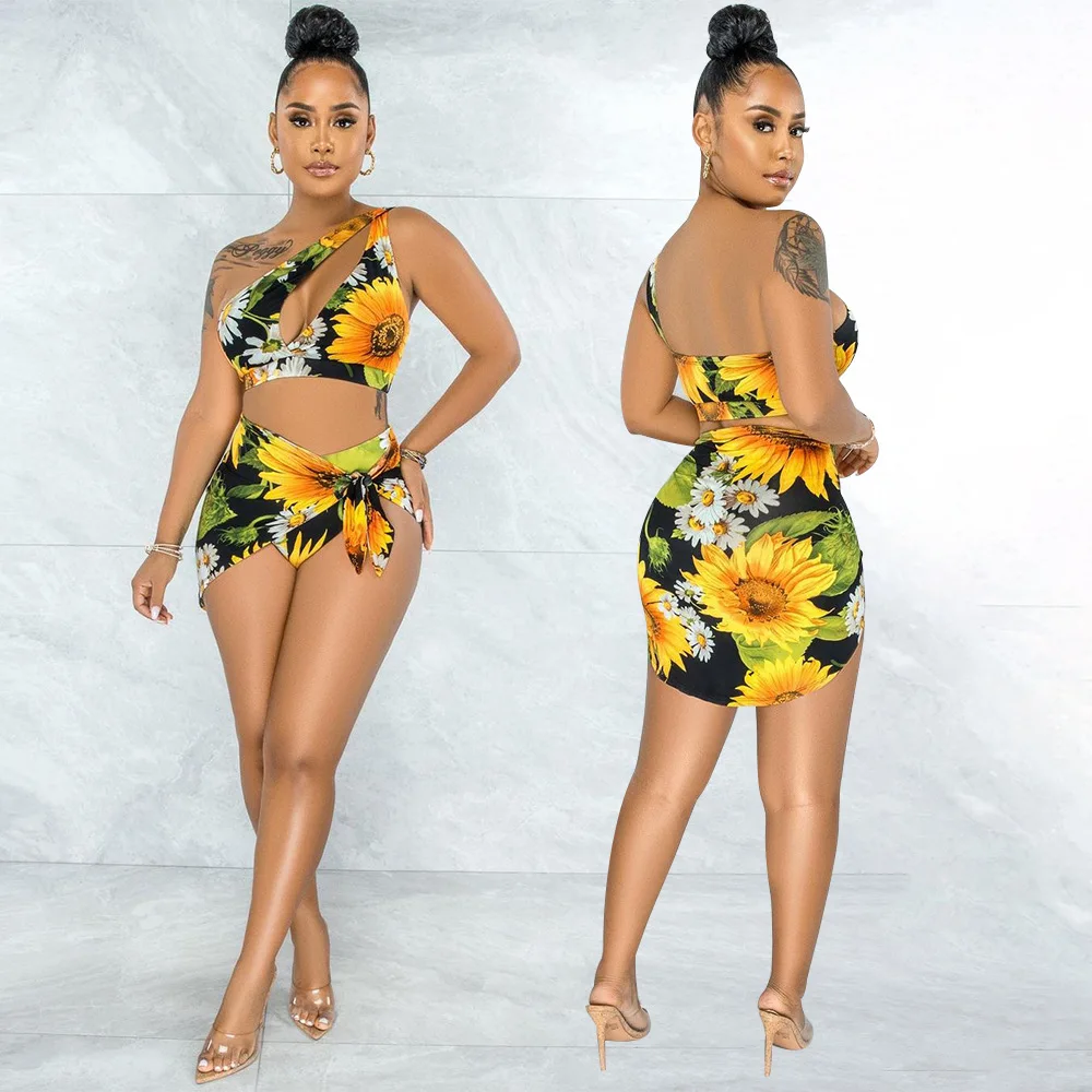 

2021 Summer New Style European and American Fashion Sunflower Print Three-Piece Swimsuit