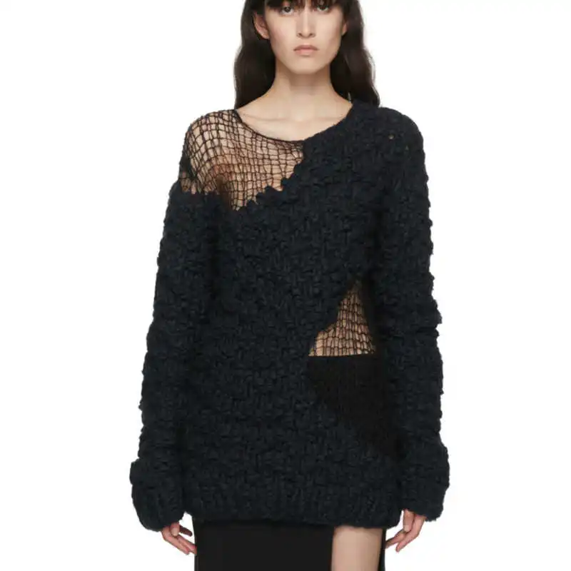 Женский трикотажный пуловер DEAT Свободный вязаный с длинными рукавами и круглым