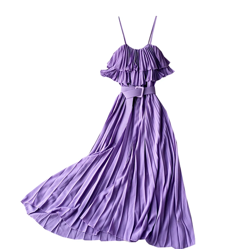 

2021 summer new women strap slash neck ruffles slim chiffon pleating A-line dress female Chic elegant waist beach dresses
