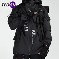 2021 winter stylish mens black street trench techwear waterproof multi pocket letter printed windbreaker jackets coat clothing