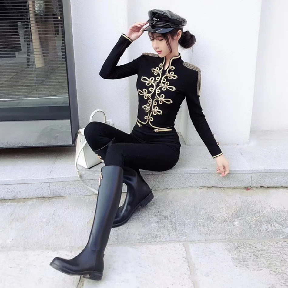 New Autumn And Winter Ladies Club Bandage Suit Black White Fringed Shirt And Pants 2 Pieces Two-Piece Club Party Suit