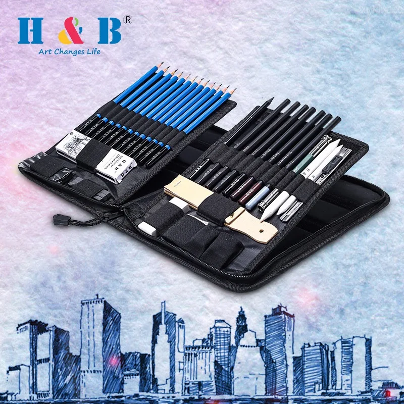 H & B 40 шт. карандаши для рисования набор художников Набор в чехол карандашей с