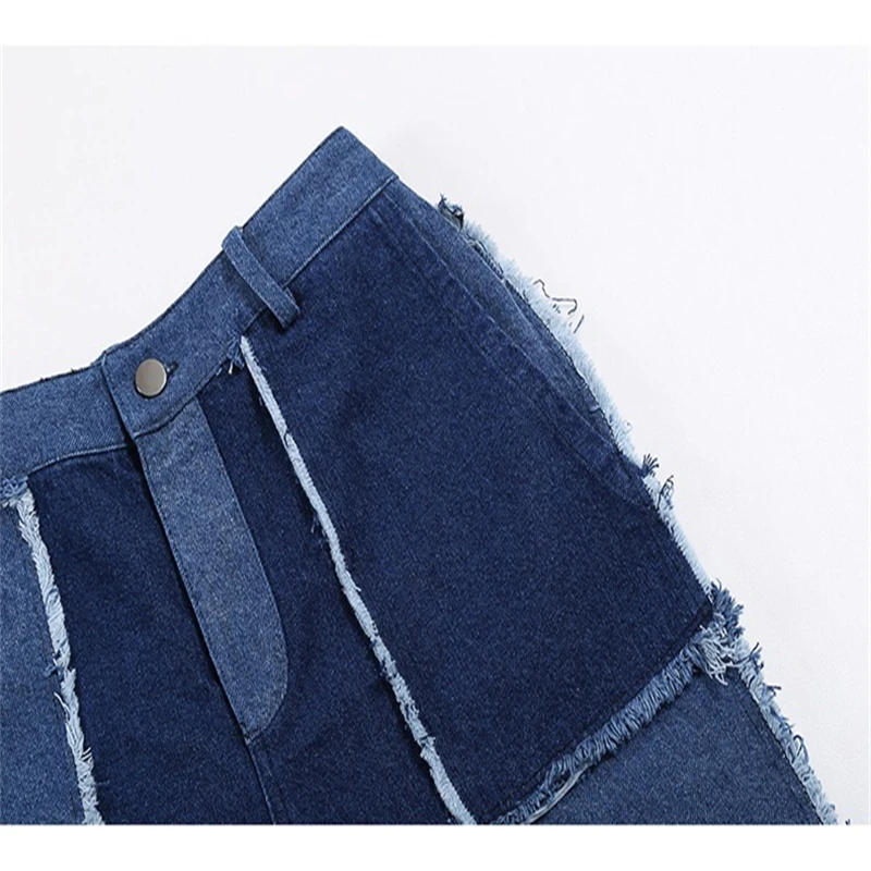 

Spring Woman Denim Fashion Long Blue Wide Legs Pants Fringe Edge Elastic Waist Jean Trousers Japanese Streetwear Style