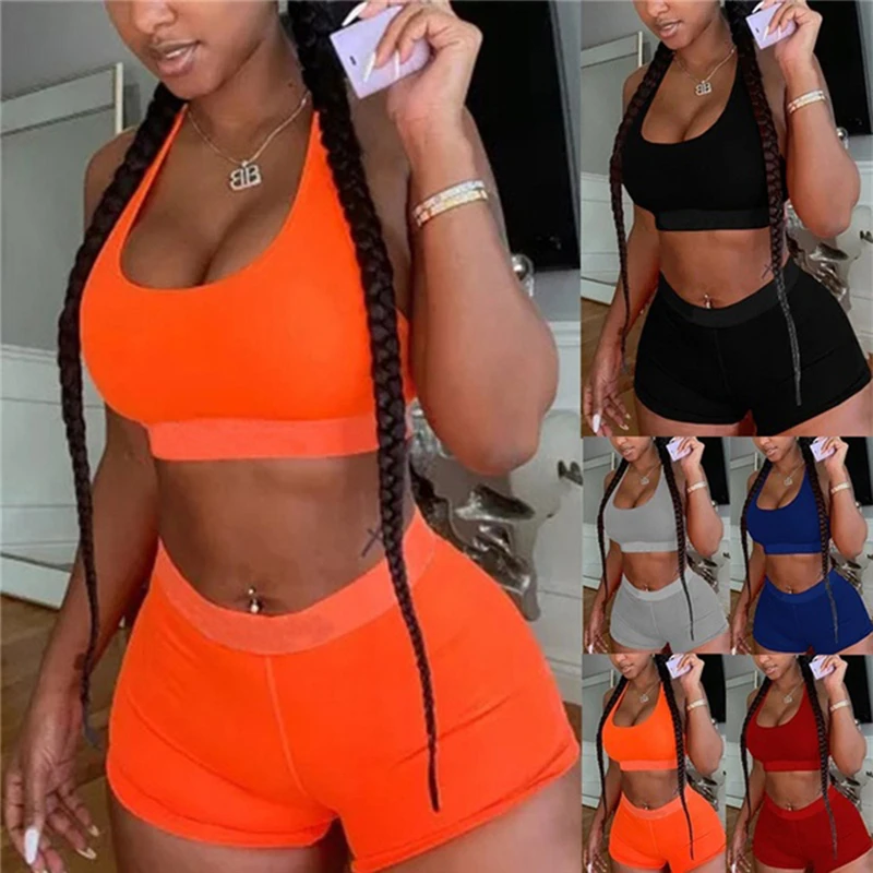 

Breathable Two Piece Women Set Womens Outfits Summer Sport Clothes Plus Size Halter Top And Shorts Set